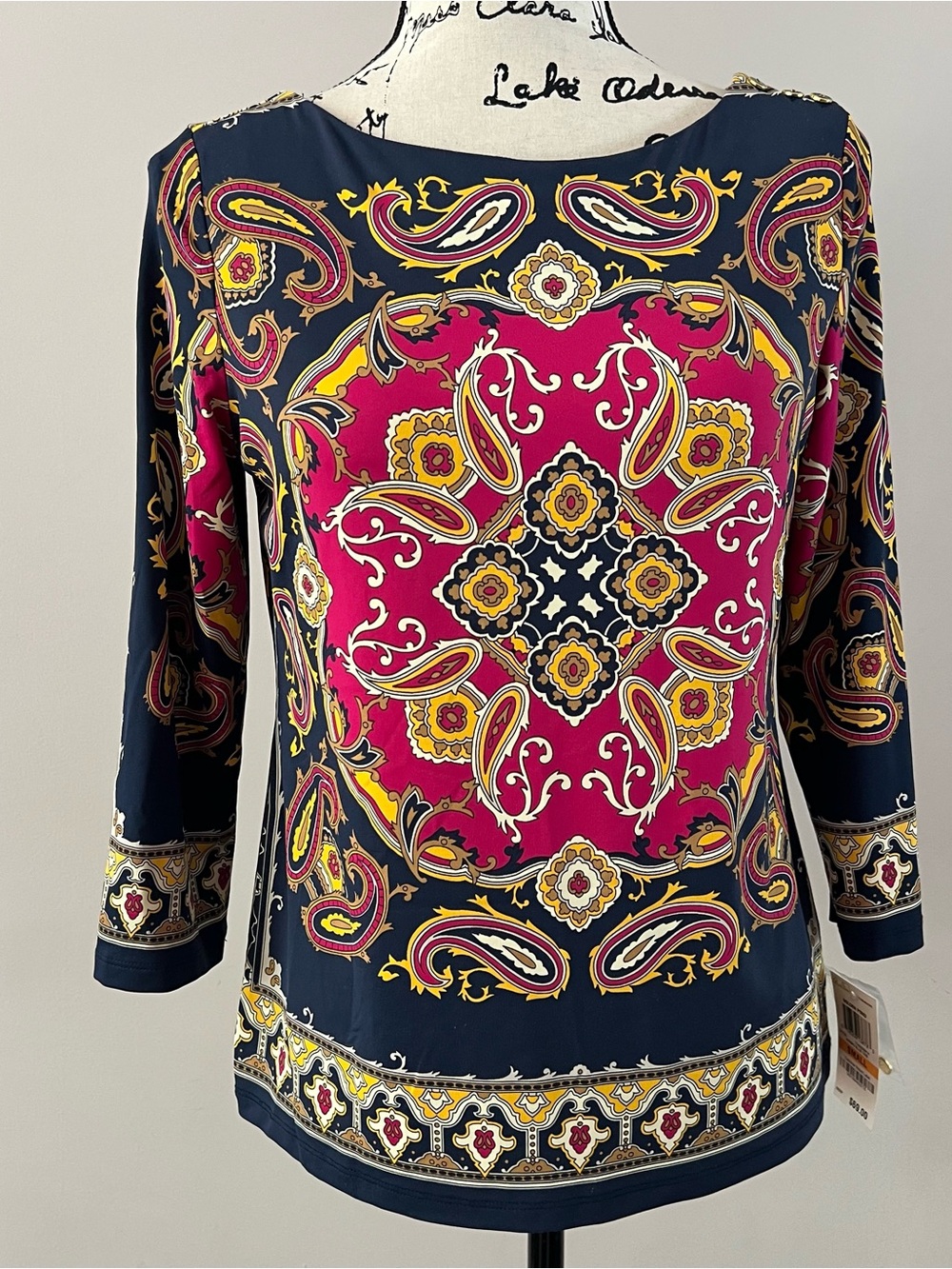 Charter Club Paisley Medallion Print 3/4 sleeve Blouse Pink Navy ladies small